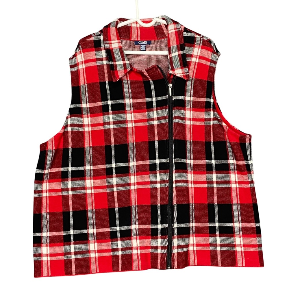 Chaps Women's 3X Sweater Vest Asymmetrical Red‎ Black Plaid Full Zip Collared